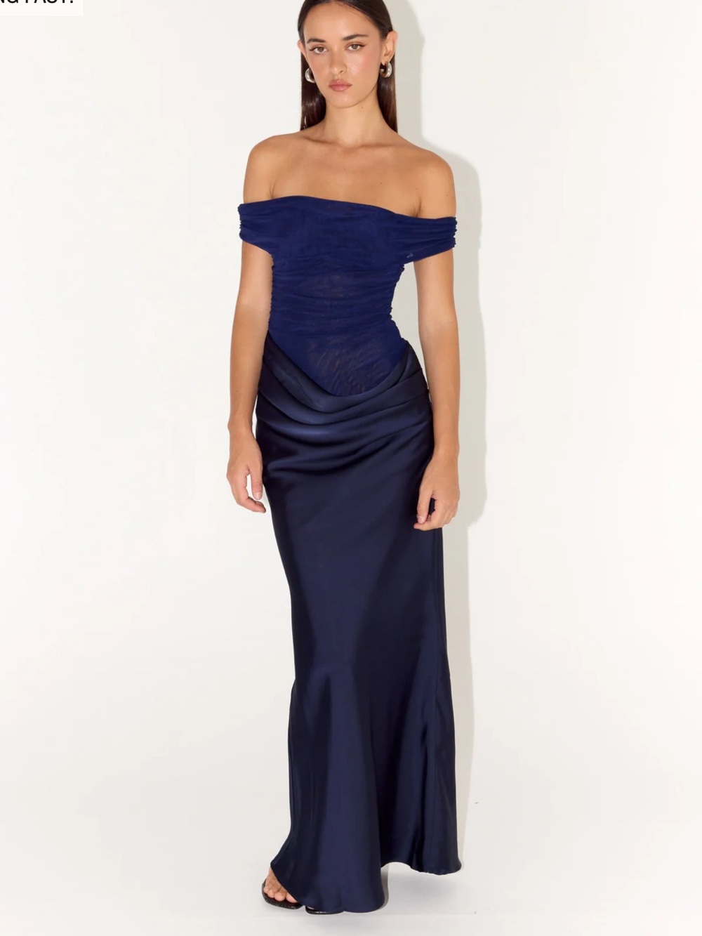 Navy blue satin off the shoulder maxi dress